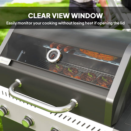 4+1 Burner Portable Gas BBQ Grill with Thermometer and Side Table - Black