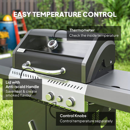 4+1 Burner Portable Gas BBQ Grill with Thermometer and Side Table - Black