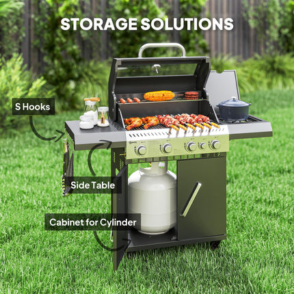 4+1 Burner Portable Gas BBQ Grill with Thermometer and Side Table - Black