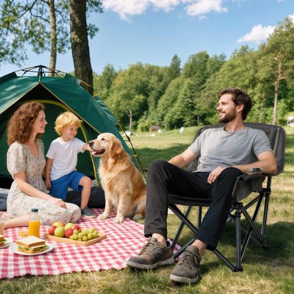 Portable Padded Camping Chair with Cup Holders and Carry Bag - Black/Grey