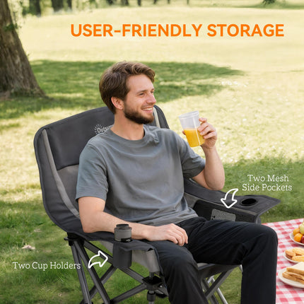 Portable Padded Camping Chair with Cup Holders and Carry Bag - Black/Grey