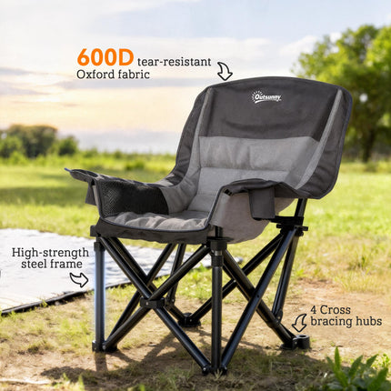 Portable Padded Camping Chair with Cup Holders and Carry Bag - Black/Grey