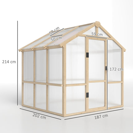 6.6 x 6ft Polycarbonate Greenhouse, Walk-in Wooden Greenhouse with Lockable Door and Window, Garden Plants Grow House, Brown