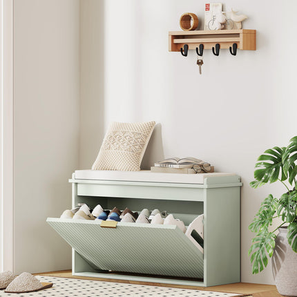Elegant Eight Shoe Bench with Cushioned Seat and Flip Drawer Storage - Green