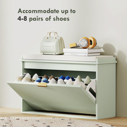 Elegant Eight Shoe Bench with Cushioned Seat and Flip Drawer Storage - Green