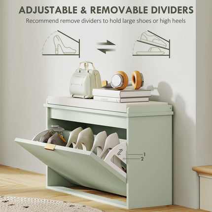 Elegant Eight Shoe Bench with Cushioned Seat and Flip Drawer Storage - Green
