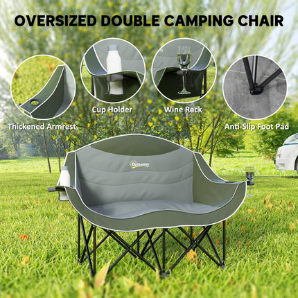 Double Oversized Heavy Duty Folding Camping Chair with Armrests, Cup Holders & Carry Bag, 250kg Capacity - Green