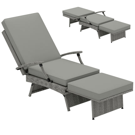 80° Reclining Rattan Lounger with Footstool and Cushions - Grey