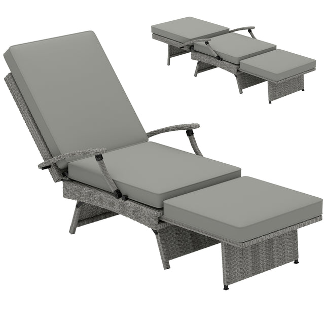 80° Reclining Rattan Lounger with Footstool and Cushions - Grey