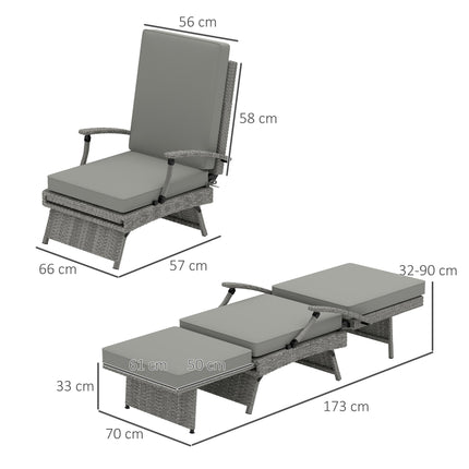 80° Reclining Rattan Lounger with Footstool and Cushions - Grey