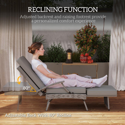 80° Reclining Rattan Lounger with Footstool and Cushions - Grey