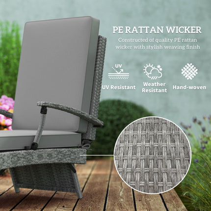 80° Reclining Rattan Lounger with Footstool and Cushions - Grey