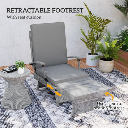 80° Reclining Rattan Lounger with Footstool and Cushions - Grey
