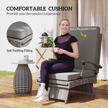 80° Reclining Rattan Lounger with Footstool and Cushions - Grey