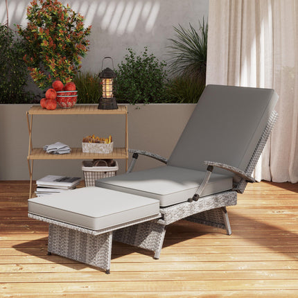 80° Reclining Rattan Lounger with Footstool and Cushions - Grey