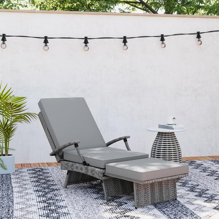 80° Reclining Rattan Lounger with Footstool and Cushions - Grey