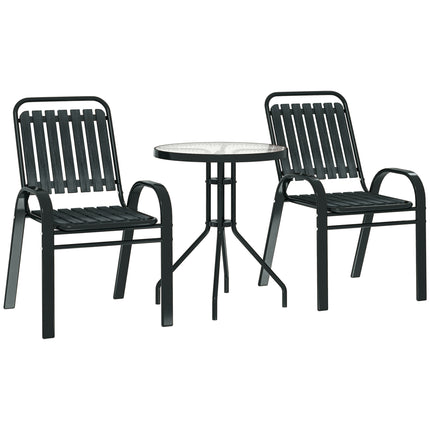 3 Piece Patio Bistro Set with Stackable Chairs and Tempered Glass Table - Charcoal Grey