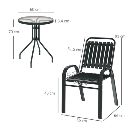 3 Piece Patio Bistro Set with Stackable Chairs and Tempered Glass Table - Charcoal Grey