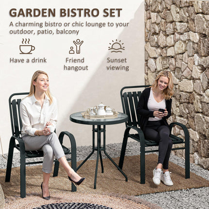 3 Piece Patio Bistro Set with Stackable Chairs and Tempered Glass Table - Charcoal Grey