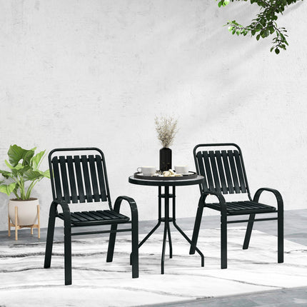 3 Piece Patio Bistro Set with Stackable Chairs and Tempered Glass Table - Charcoal Grey