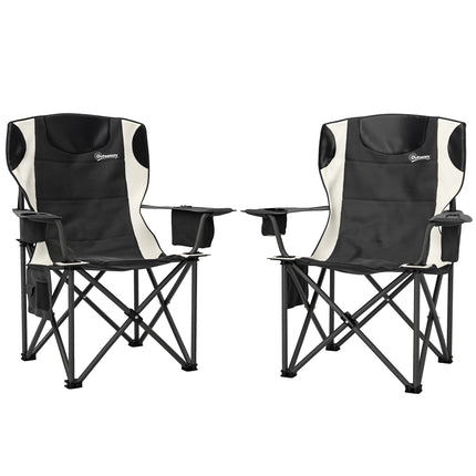 Set of 2 Padded Folding Camping Chairs with Cooler Bag and Cup Holder - Black