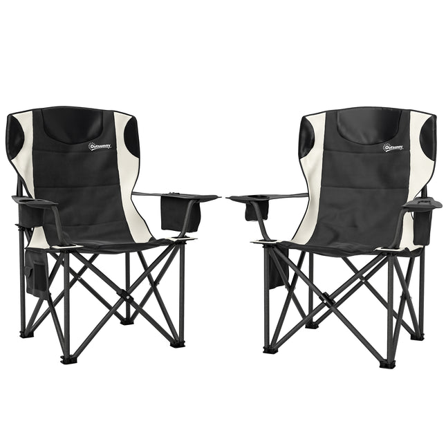 Set of 2 Padded Folding Camping Chairs with Cooler Bag and Cup Holder - Black