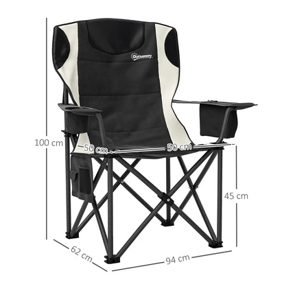 Set of 2 Padded Folding Camping Chairs with Cooler Bag and Cup Holder - Black