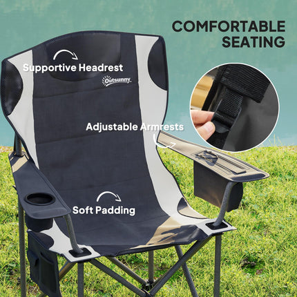 Set of 2 Padded Folding Camping Chairs with Cooler Bag and Cup Holder - Black