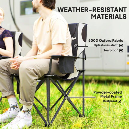Set of 2 Padded Folding Camping Chairs with Cooler Bag and Cup Holder - Black