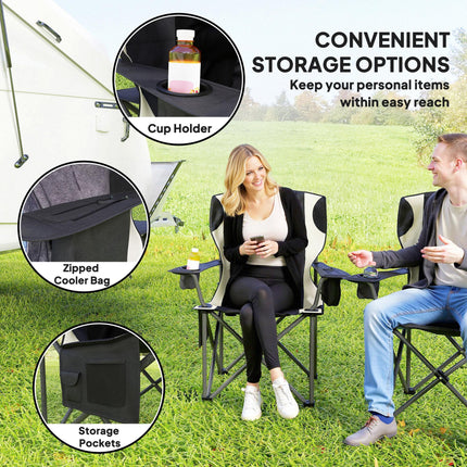 Set of 2 Padded Folding Camping Chairs with Cooler Bag and Cup Holder - Black