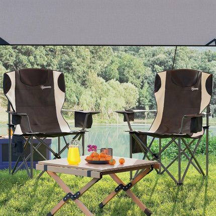 Set of 2 Padded Folding Camping Chairs with Cooler Bag and Cup Holder - Black
