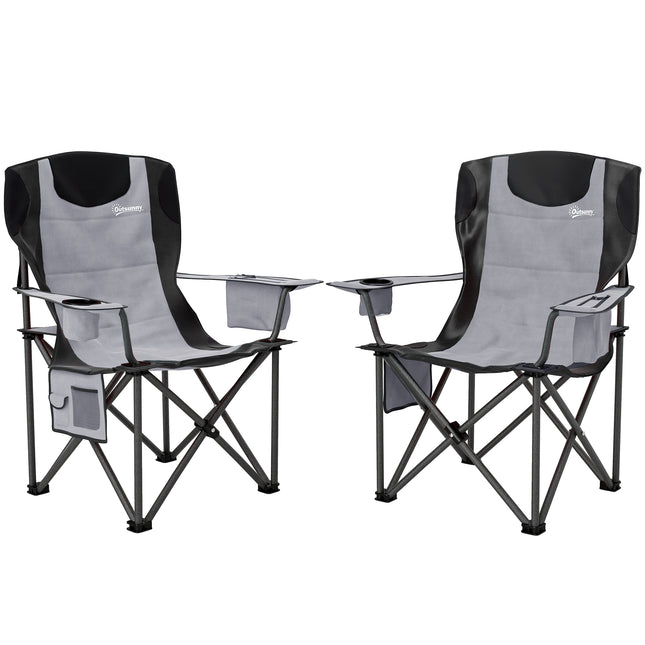 Set of 2 Comfortable Padded Folding Camping Chairs with Cooler Bag - Grey