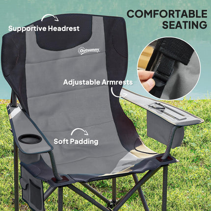 Set of 2 Comfortable Padded Folding Camping Chairs with Cooler Bag - Grey