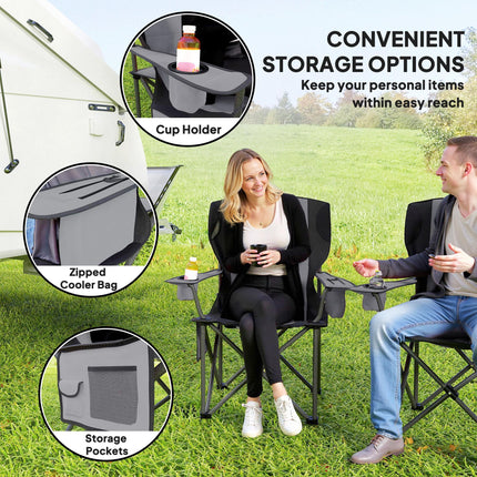 Set of 2 Comfortable Padded Folding Camping Chairs with Cooler Bag - Grey