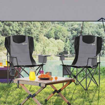 Set of 2 Comfortable Padded Folding Camping Chairs with Cooler Bag - Grey