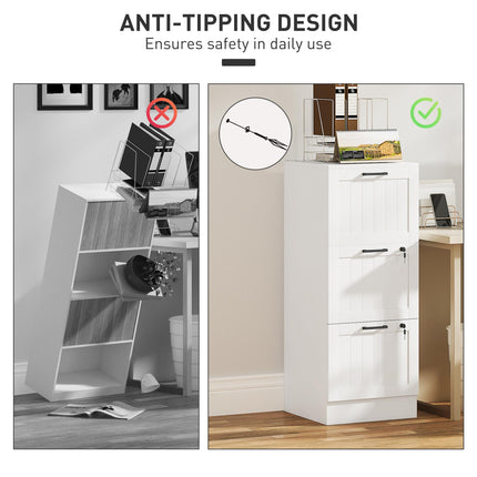 3 Drawer Filing Cabinet with Lock, Office Storage Cabinet with Adjustable Hanging Bars for A4 Letter Size Files, White
