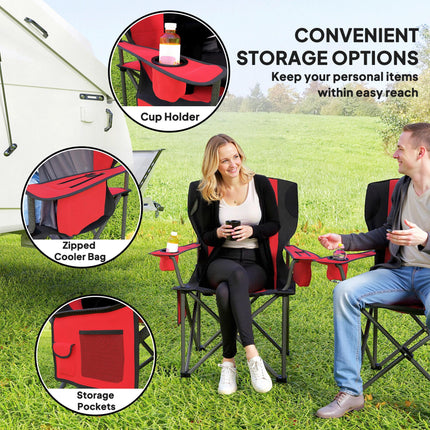 Padded Folding Camping Chairs Set with Cup Holders - Red