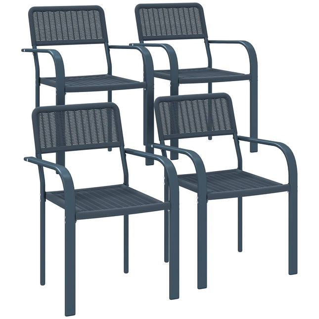 Set of 4 Stackable Rattan Effect Garden Chairs with Armrests - Dark Grey