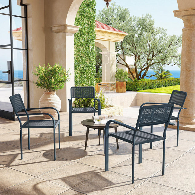 Set of 4 Stackable Rattan Effect Garden Chairs with Armrests - Dark Grey