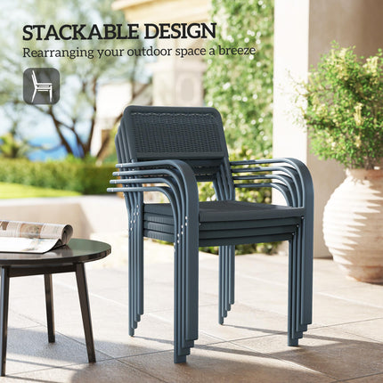 Set of 4 Stackable Rattan Effect Garden Chairs with Armrests - Dark Grey