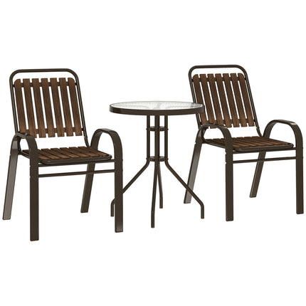 3 Pieces Outdoor Patio Bistro Set with Stackable Chairs and Tempered Glass Table - Dark Brown