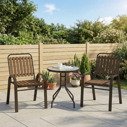 3 Pieces Outdoor Patio Bistro Set with Stackable Chairs and Tempered Glass Table - Dark Brown