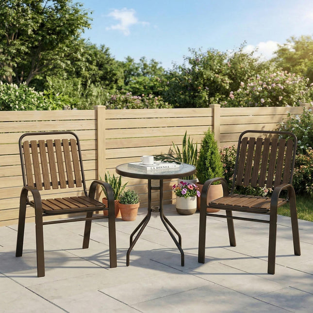 3 Pieces Outdoor Patio Bistro Set with Stackable Chairs and Tempered Glass Table - Dark Brown