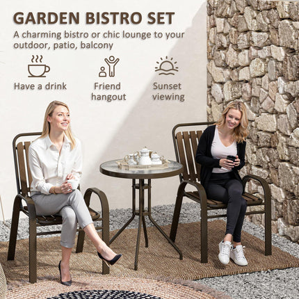 3 Pieces Outdoor Patio Bistro Set with Stackable Chairs and Tempered Glass Table - Dark Brown