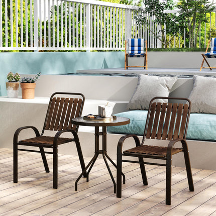 3 Pieces Outdoor Patio Bistro Set with Stackable Chairs and Tempered Glass Table - Dark Brown