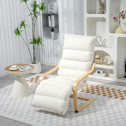 Curved Wooden Accent Lounge Chair with Adjustable Footrest - Cream White