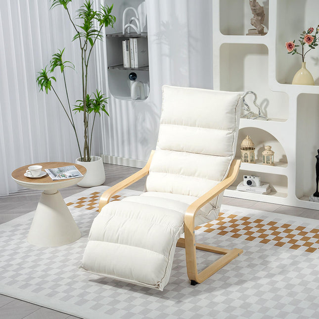 Curved Wooden Accent Lounge Chair with Adjustable Footrest - Cream White
