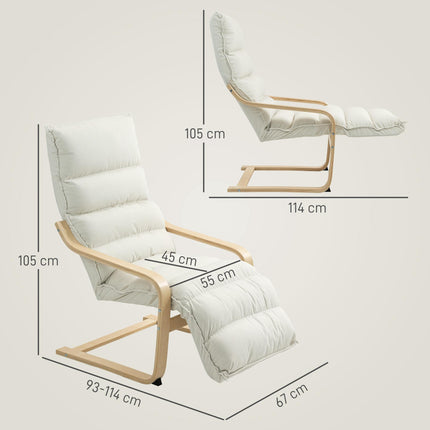 Curved Wooden Accent Lounge Chair with Adjustable Footrest - Cream White