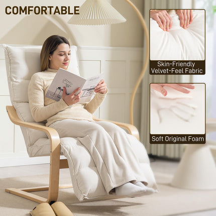 Curved Wooden Accent Lounge Chair with Adjustable Footrest - Cream White