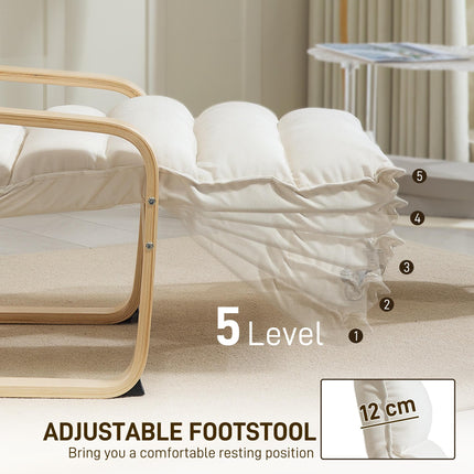 Curved Wooden Accent Lounge Chair with Adjustable Footrest - Cream White